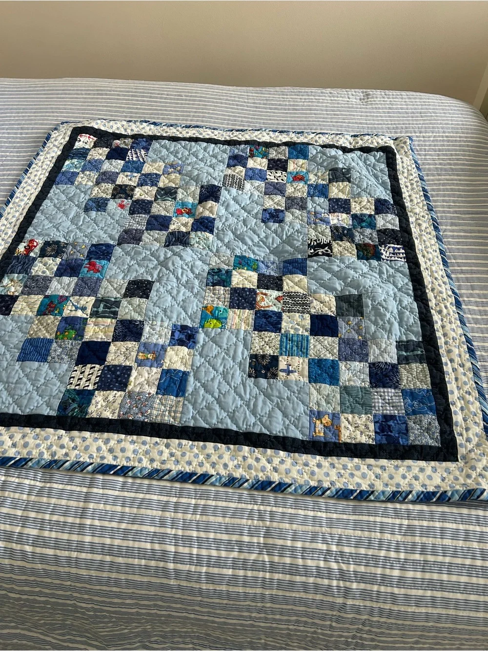 Hand stitched Blue Patchwork Baby Quilt. Size 37”x37”. Freshly laundered, ready